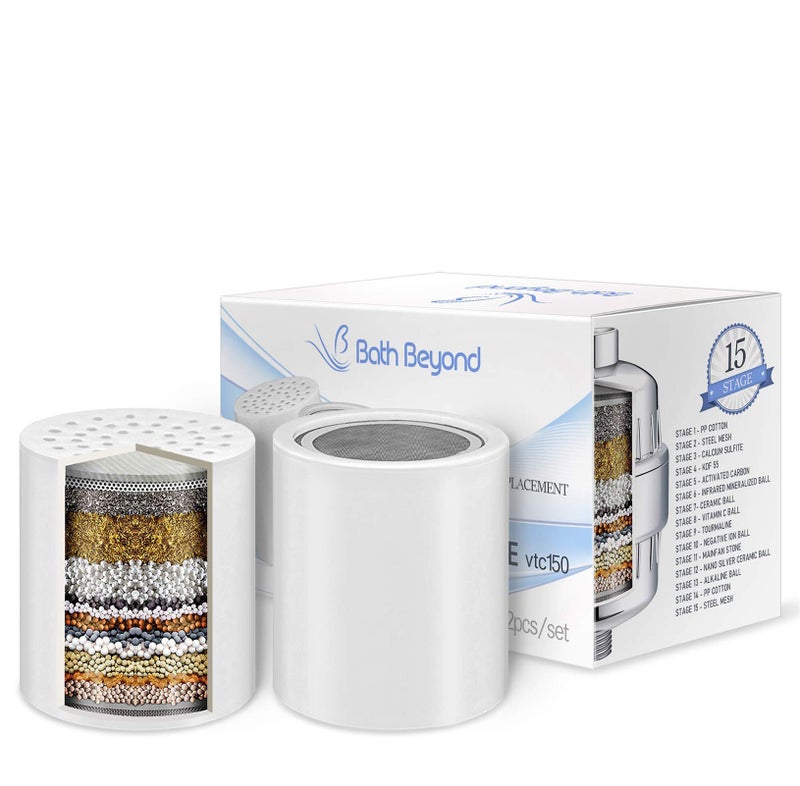 Bath Beyond 15-Stage Shower Filter Replacement Cartridge (Pack of 2) Shower Filter w/Vitamin C for Hard Water - Shower Water Filter Removes Chlorine Fluoride/Improves Condition of Your Skin, Hair - Image 1